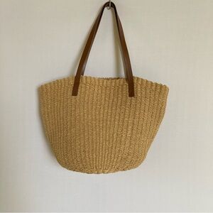 J.Crew Straw Tote Bag Women’s One Size Natural Woven Leather Trim Purse Beach